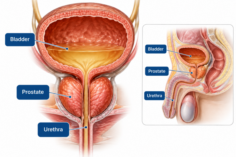 Diagram of the male bladder, prostate and urethra